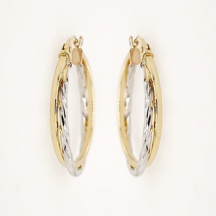 30561 14K TWO TONE 0.85" HIGH POLISH TWISTED SIDE AND PLAIN SIDE DESIGN  HOOPS