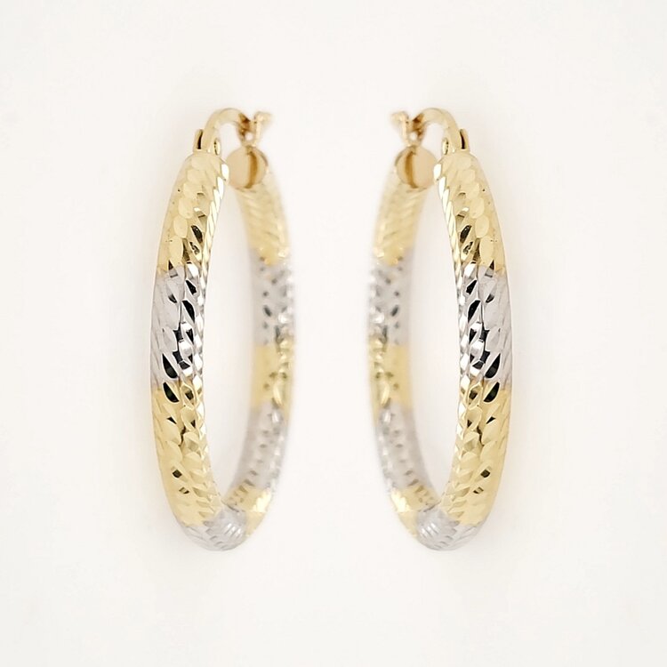30563 14K TWO TONE 1.85" 3MM STRIPPED PATTERN DIAMOND CUT HOOPS