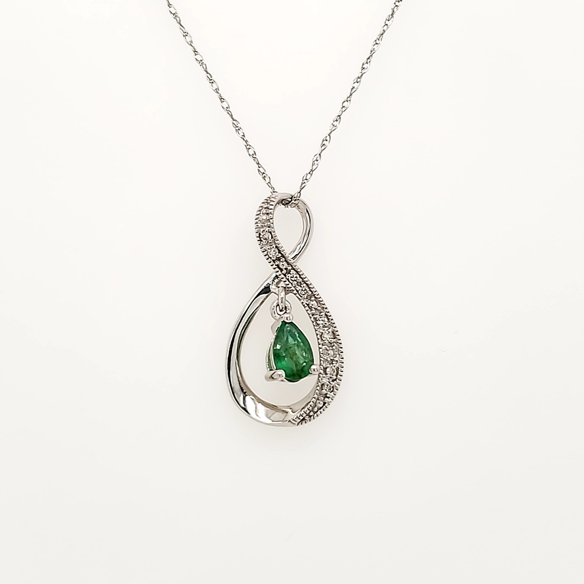 70164 14K WHITW GOLD .03CTW DIAMOND INFINITY HANGING PEAR SHAPE EMERALD PENDANT NECKLACE