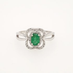 40092 14K WHITE GOLD .15CTW DIAMOND OPEN HALO OVAL EMERALD FLOWER DESIGN RING