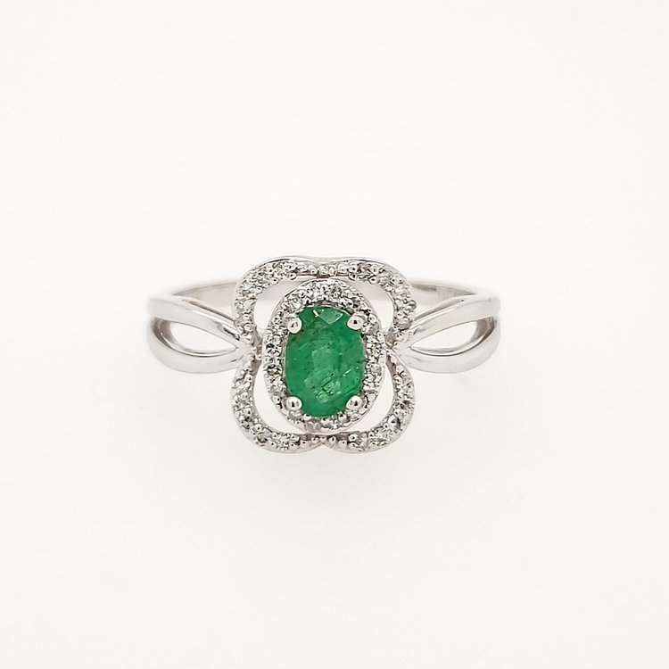 40092 14K WHITE GOLD .15CTW DIAMOND OPEN HALO OVAL EMERALD FLOWER DESIGN RING