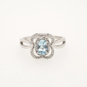 40091 14K WHITE GOLD .15CTW DIAMOND OPEN HALO OVAL AQUAMARINE FLOWER DESIGN RING