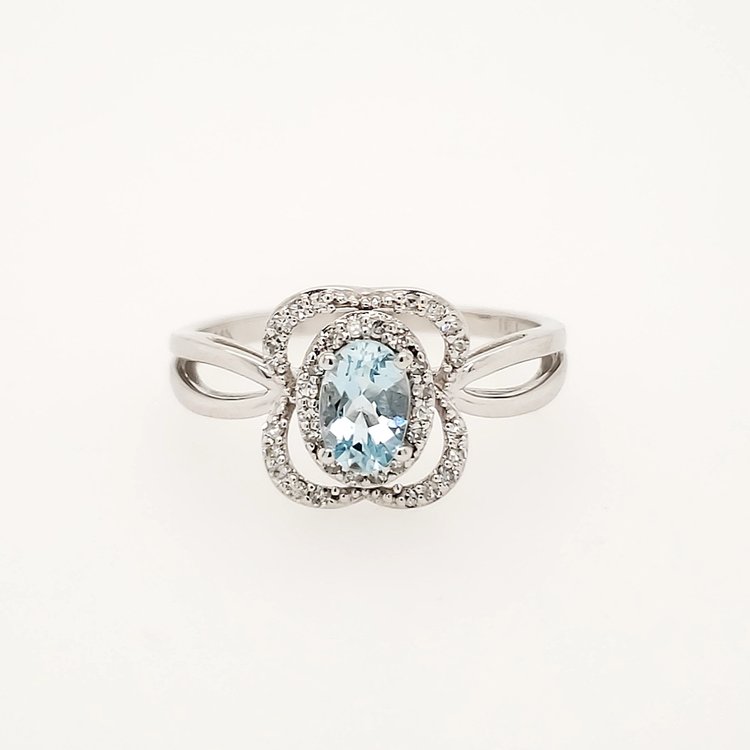 40091 14K WHITE GOLD .15CTW DIAMOND OPEN HALO OVAL AQUAMARINE FLOWER DESIGN RING