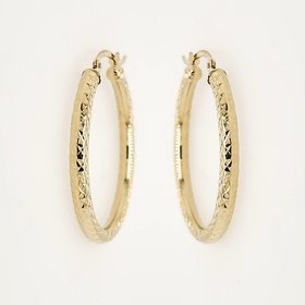 30559 14K YELLOW GOLD 1" 2MM HAMMERED DESIGN HOOPS