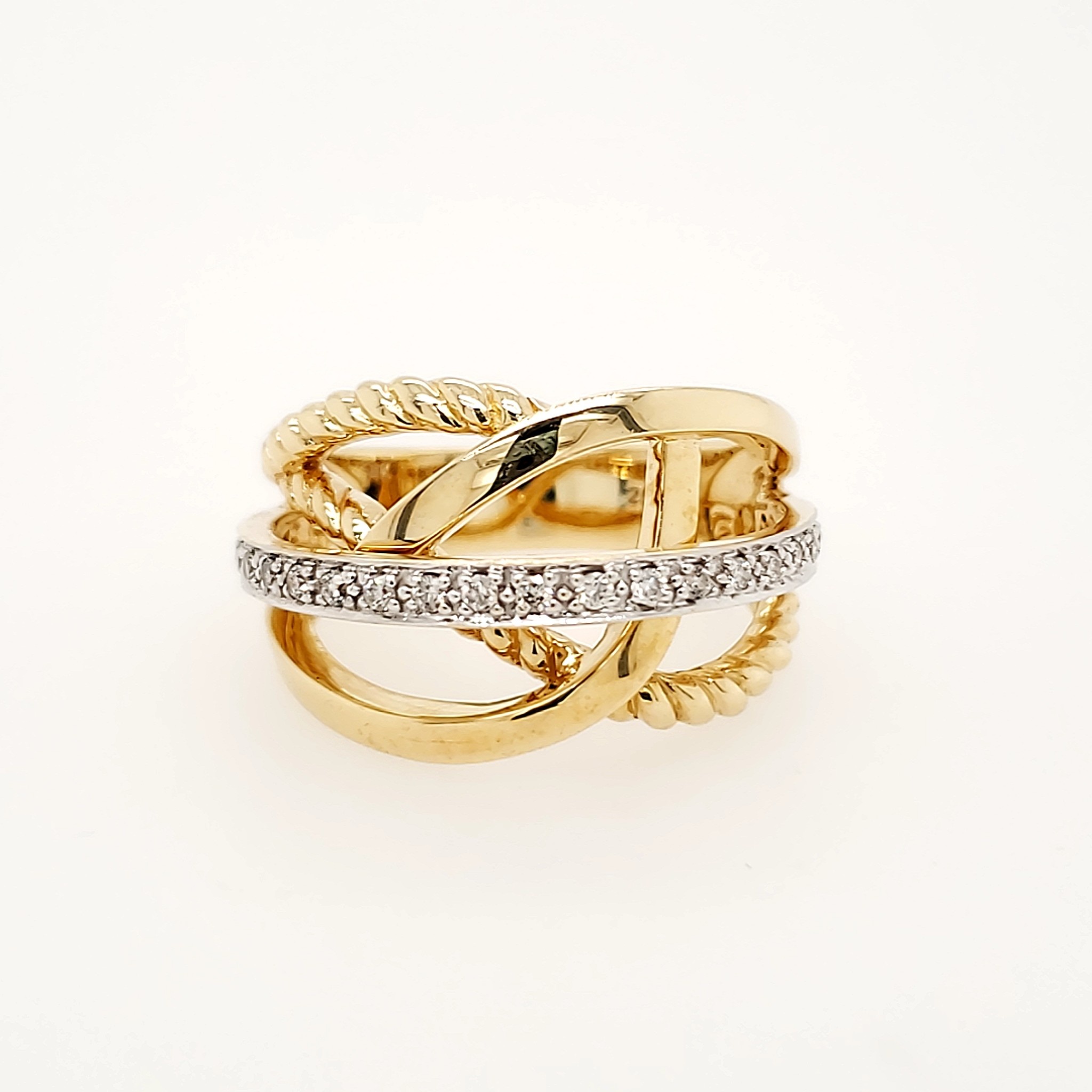 40093 14K YELLOW GOLD DIAMOND PAVE SET ROW WITH TWISTED AND HIGH POLISH OPEN ROW RING