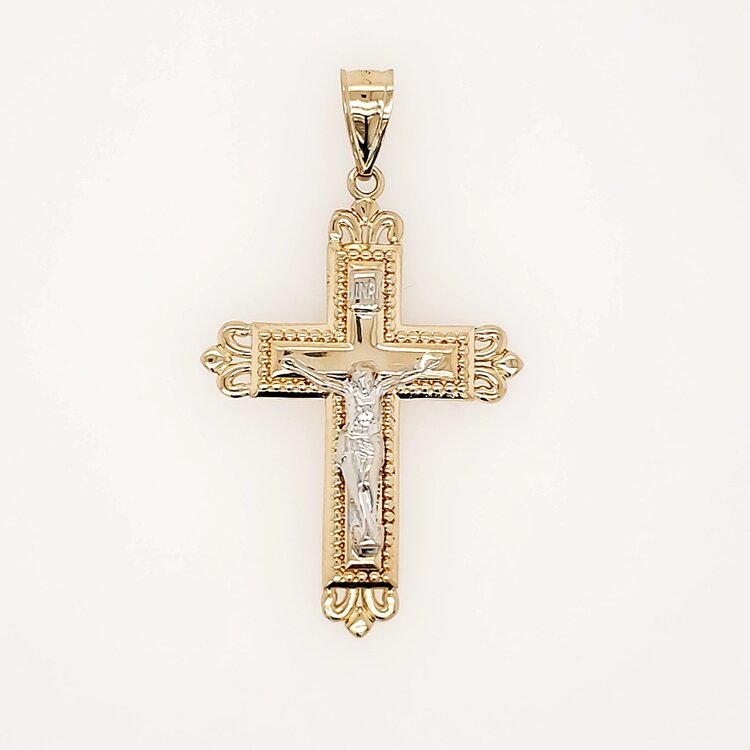 77174 14K 2 TONE INRI  MILGRAIN DESIGN  ROUNDED EDGES CRUCIFIX