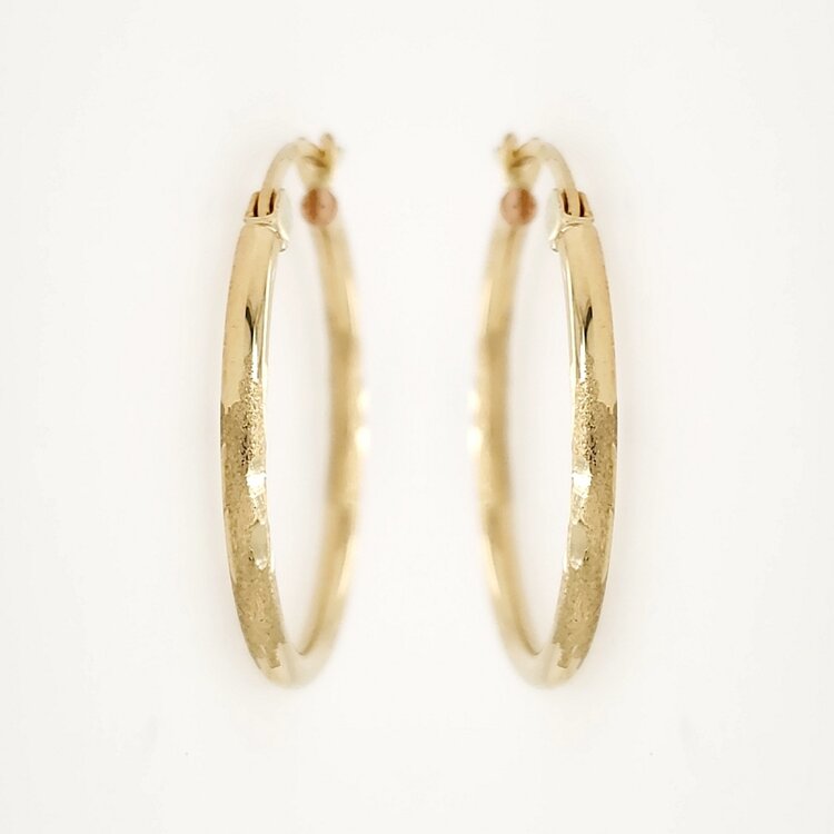 30566 14K YELLOW GOLD 2MM 1" PLAIN HIGH POLISH WITH SATIN FINISH DIAMOND CUT DESIGN HOOPS