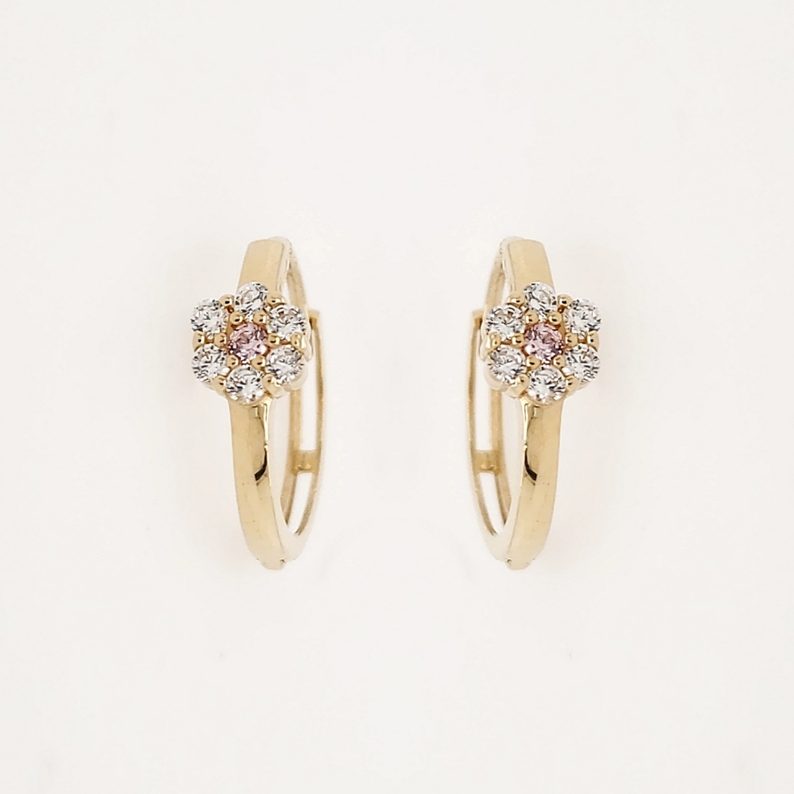 30574 14K YELLOW GOLD PINK CUBIC ZIRCONIA CENTER CLUSTER FLOWER HUGGIES