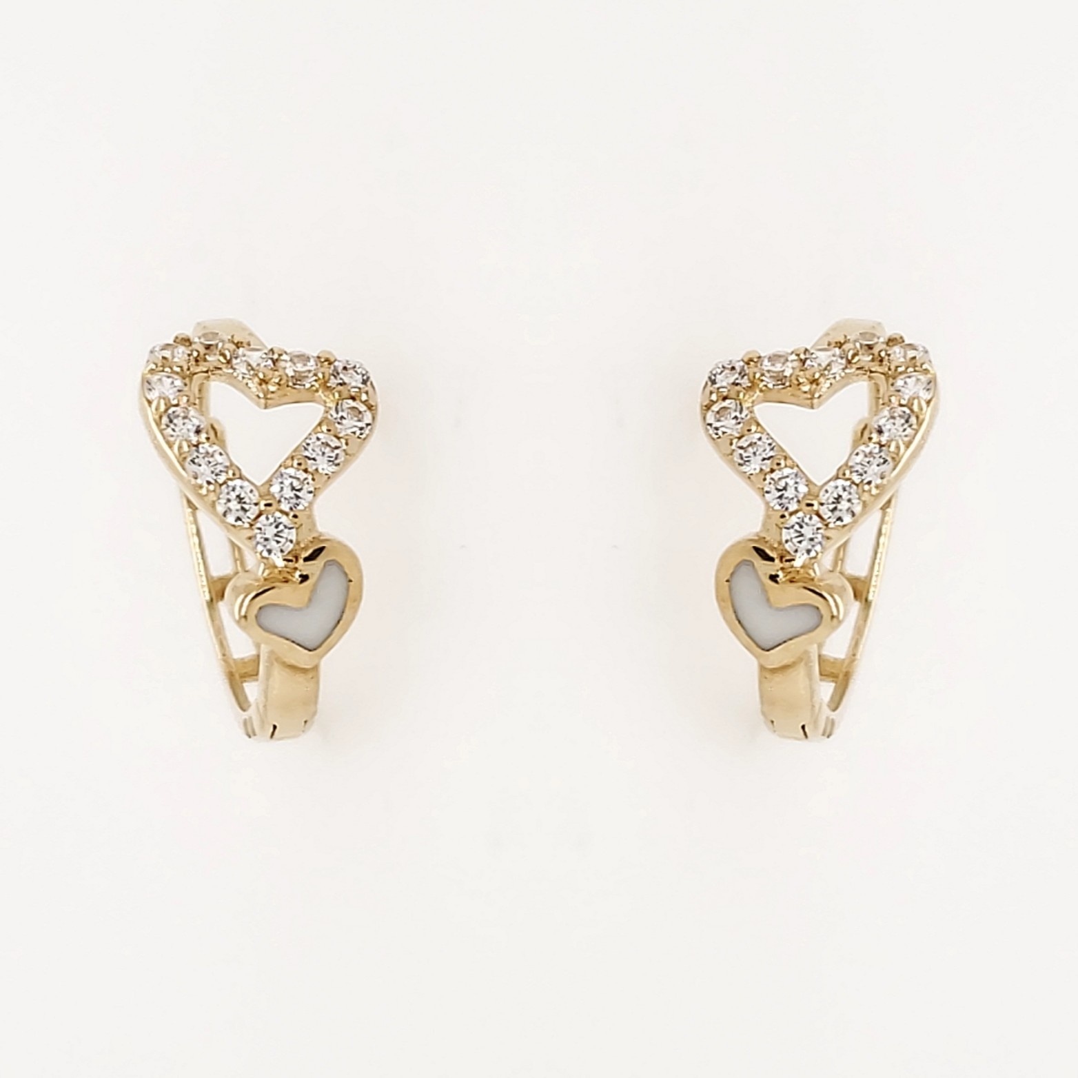 30584 14K YELLOW GOLD OPEN HEART CUBIC ZIRCONIA WHITE ENAMEL HEART HUGGIES