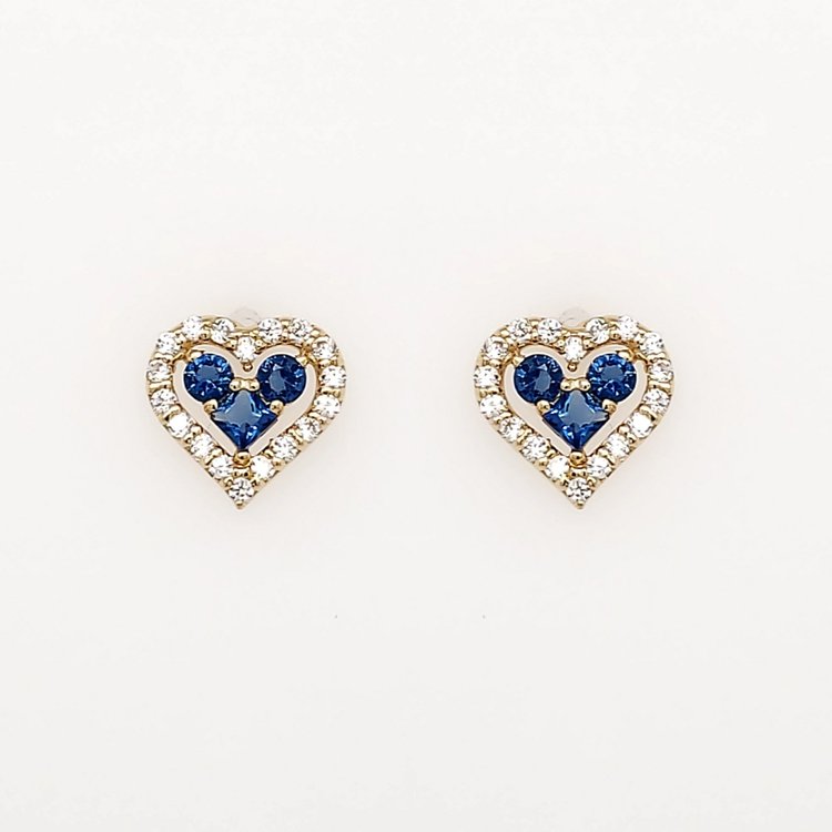 30571 14K YELLOW GOLD BLUE CUBIC ZIRCONIA CENTER WITH HALO HEART SHAPED SCREWBACKS