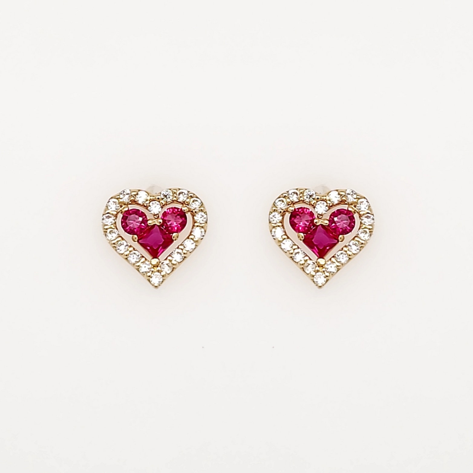 30570 14K YELLOW GOLD RED CUBIC ZIRCONIA CENTER WITH HALO HEART SHAPED SCREW BACK STUDS