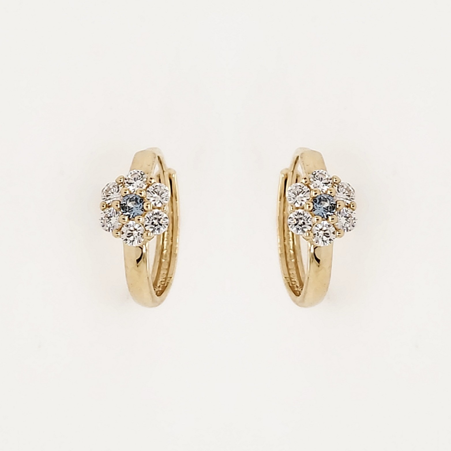 30575 14K YELLOW GOLD LIGHT BLUE CUBIC ZIRCONIA CENTER CLUSTER FLOWER HUGGIES