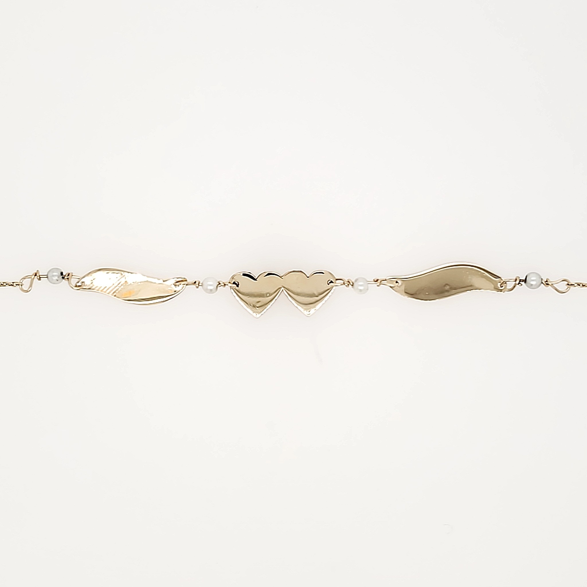 20158 14K YELLOW GOLD HIGH POLISH 2 HEARTS WINGS PLATE PEARL ANKLET BRACELET