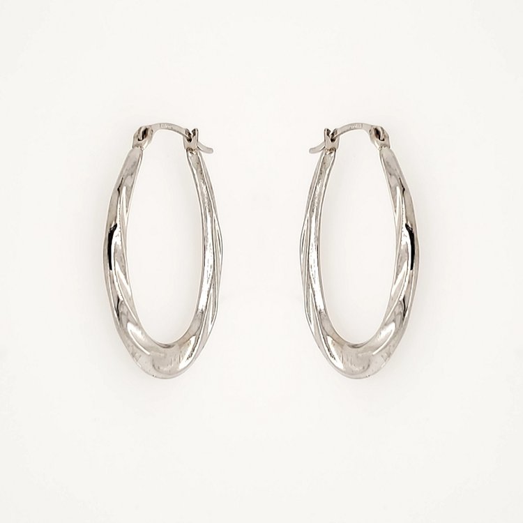 30568 14K WHITE GOLD 0.75" OVAL FLAT  TWISTED DESIGN HOOPS