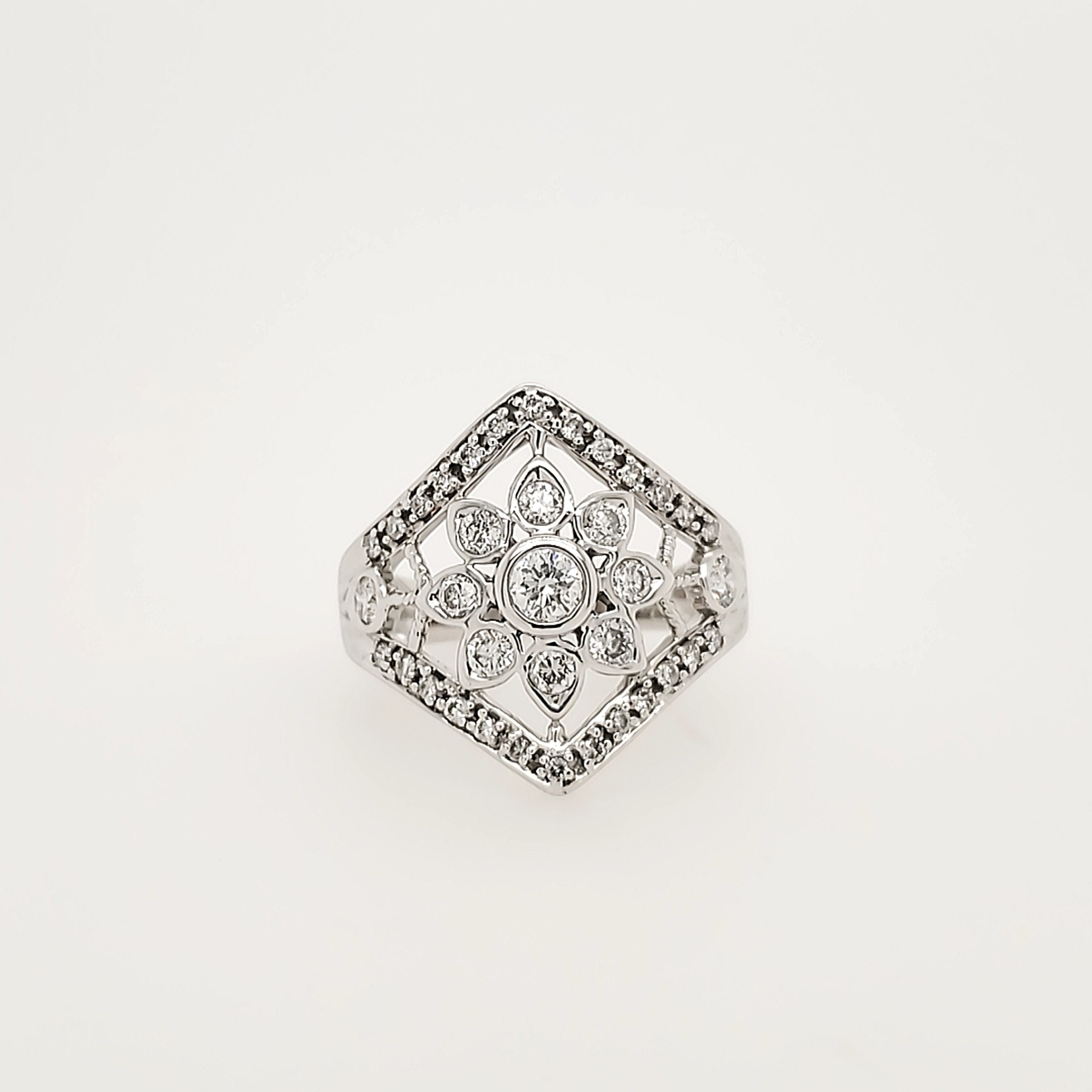 40101 14k White Gold Ladies Flower Cluster Ring with pave diamonds on top and bottom 1.25ct total