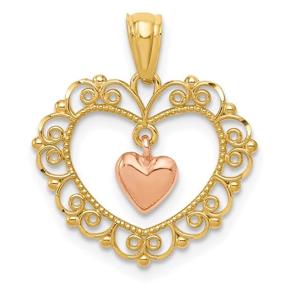 78063 14K 2 TONE POLISHED DANGLE HEART MILGRAIN DESIGN IN OPEN HEART PENDANT CHARM 78063 14K 2 TONE POLISHED DANGLE HEART MILGRAIN DESIGN IN OPEN HEART PENDANT CHARM