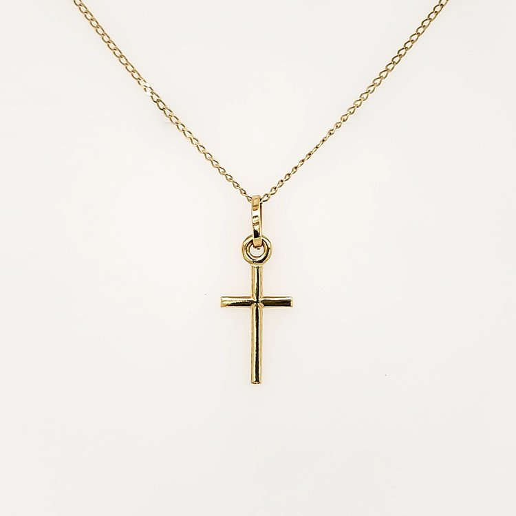 70169 18K YELLOW GOLD HIGH POLISH CROSS WITH 20" THIN  CURB LINK CHAIN