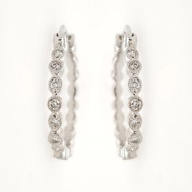 30159 18K WHITE GOLD .26TCW DIAMOND MILGRAIN ROUND AND OVAL DESIGN HOOPS