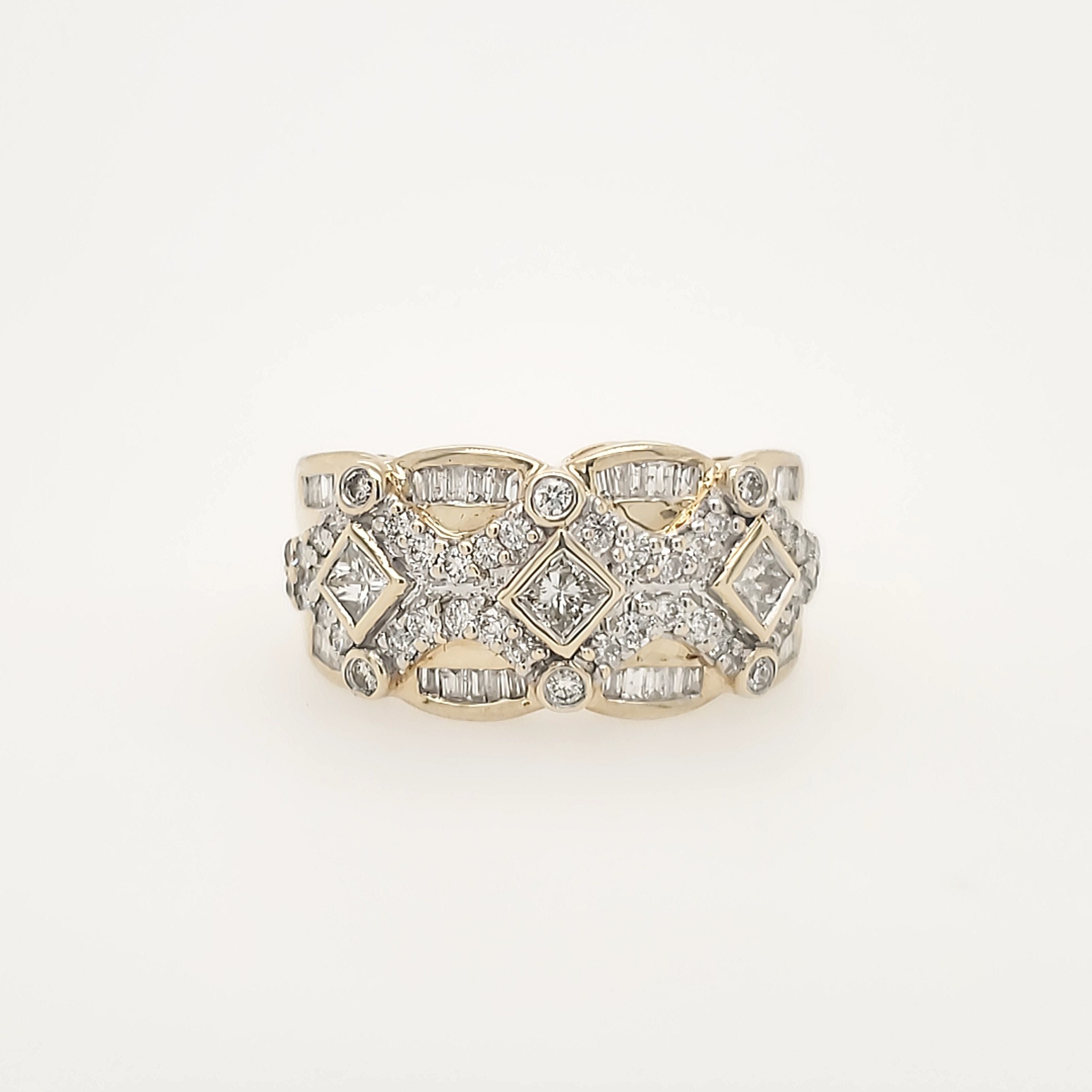 40107 14K YELLOW GOLD 1CTW DIAMOND BAGUETTE/ ROUND/ PRINCESS CUT COCKTAIL RING