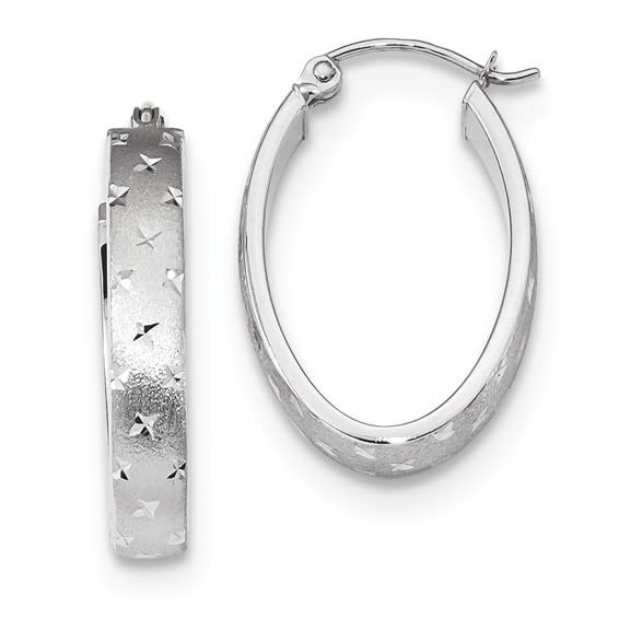 30863 14K WHITE GOLD POLISHED SATIN DIAMOND CUT HOOP EARRINGS