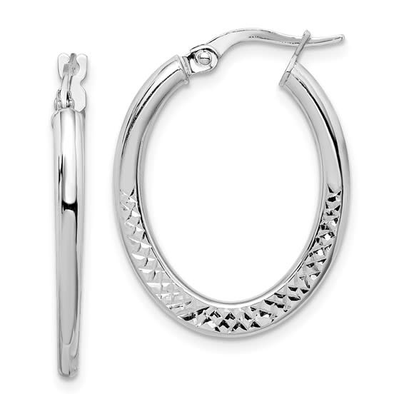 30869 14K WHITE GOLD X DESIGN OVAL HOOP EARRINGS