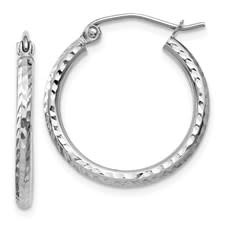 30866 14K WHITE GOLD 2MM DIAMOND CUT ROUND TUBE HOOP EARRINGS