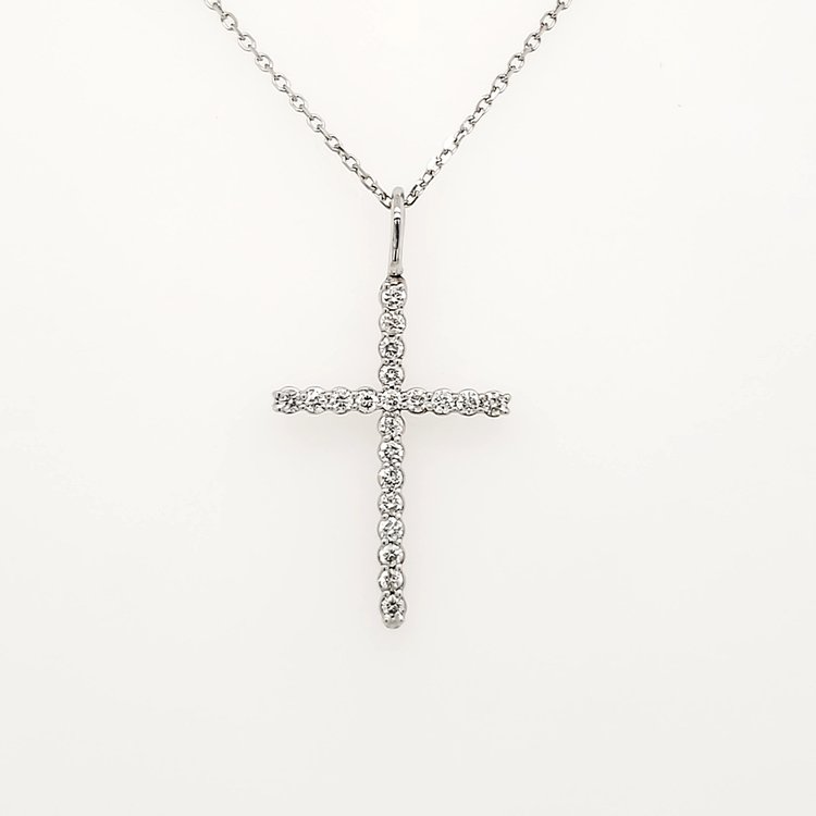 75022 14K WHITE GOLD .21CTW DIAMOND SHARED PRONG CROSS PENDANT NECKLACE