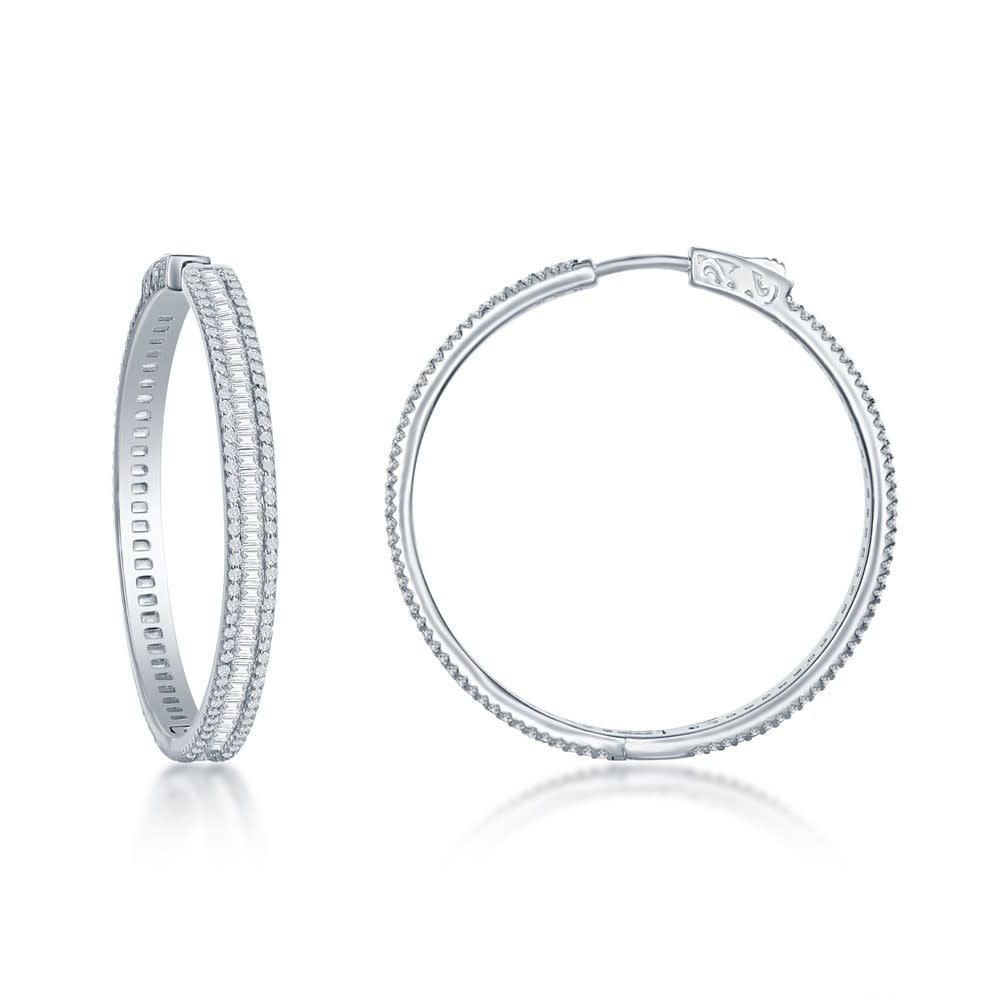 D-7238 STERLING SILVER BAGUETTE CENTER AND ROUND CUBIC ZIRCONIA EDGE 40MM HOOPS