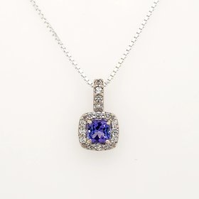 80132 STERLING SILVER CUBIC ZIRCONIA HALO TANZANITE PENDANT NECKLACE