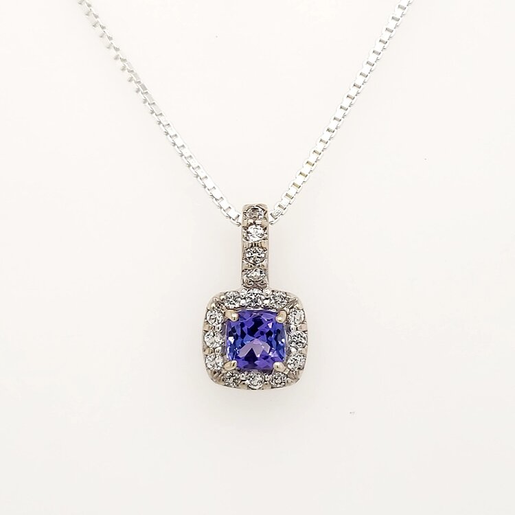 80132 STERLING SILVER CUBIC ZIRCONIA HALO TANZANITE PENDANT NECKLACE