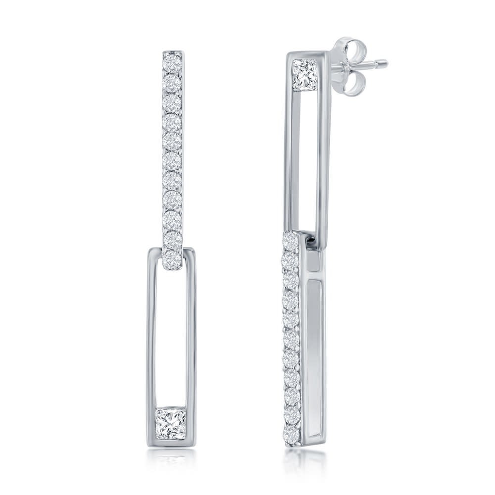 D-8387 STERLING SILVER ASYMMETRIC HANGING CUBIC ZIRCONIA PAPER CLIP BAR DANGLING EARRINGS D-8387 STERLING SILVER ASYMMETRIC HANGING CUBIC ZIRCONIA PAPER CLIP BAR DANGLING EARRINGS