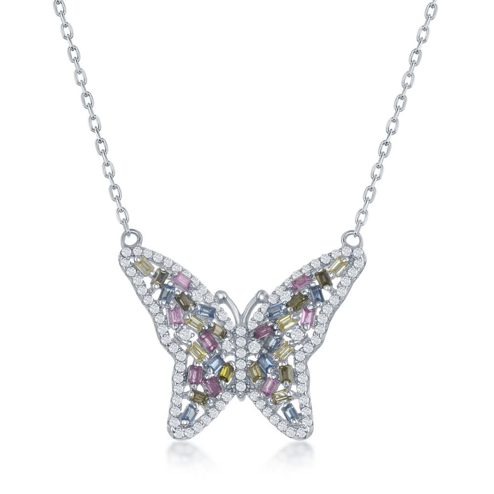 M-6443 STERLING SILVER BAGUETTE PINK BLUE YELLOW CUBIC ZIRCONIA CLUSTER BUTTERFLY NECKLACE
