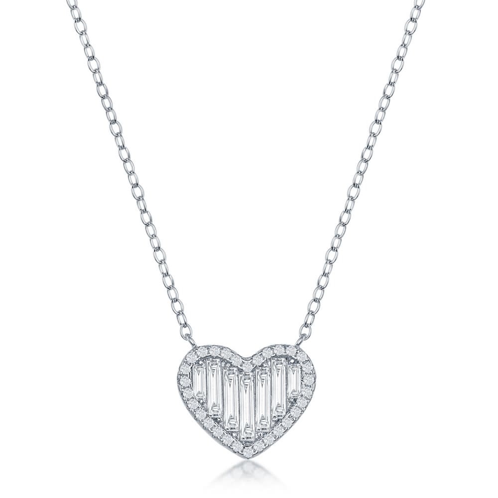 M-6645 STERLING SILVER BAGUETTE CENTER WITH ROUND CUBIC ZIRCONIA EDGE HEART NECKLACE M-6645 STERLING SILVER BAGUETTE CENTER WITH ROUND CUBIC ZIRCONIA EDGE HEART NECKLACE