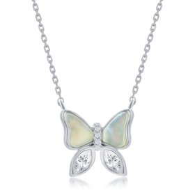 80476 CLASSIC  STERLING SILVER MOTHER OF PEARL AND CUBIC ZIRCONIA BUTTERFLY NECKLACE