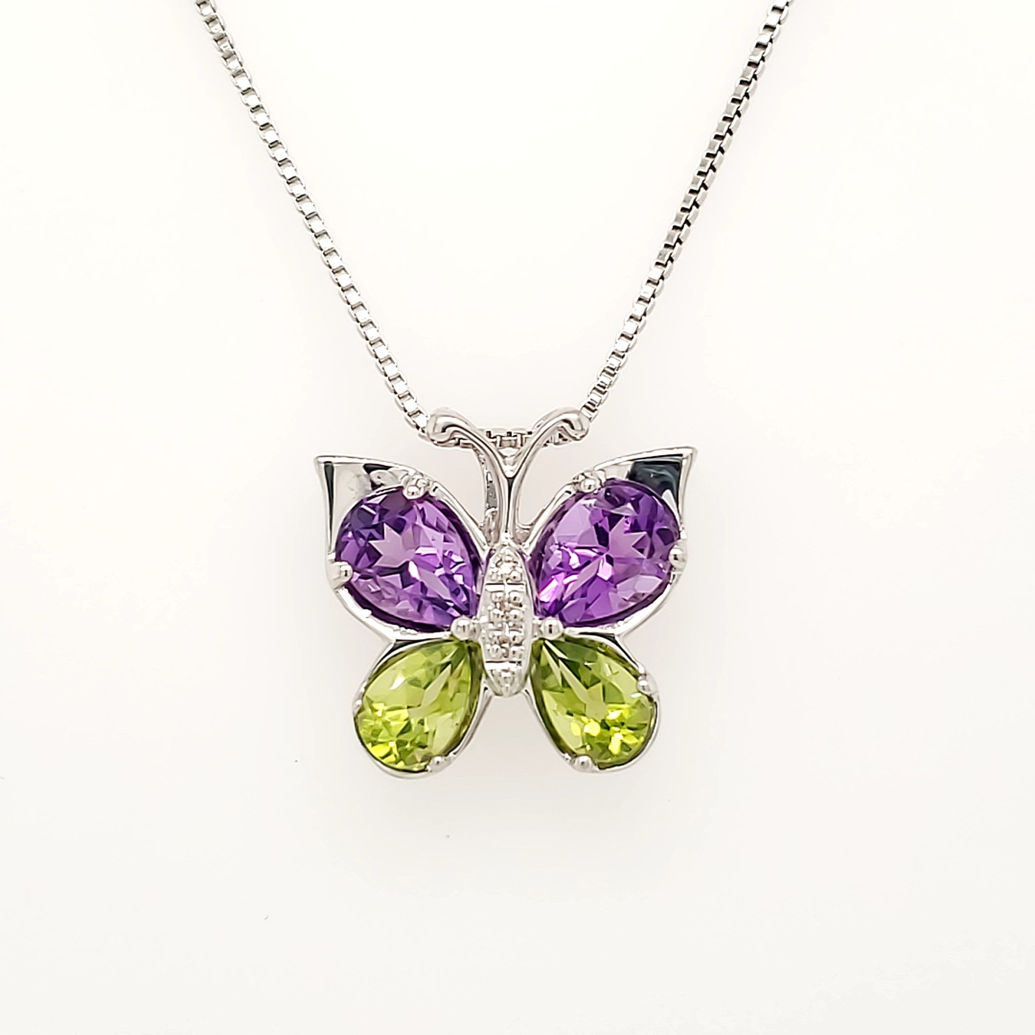80137 STERLING SILVER DIAMOND AMETHYST AND PERIDOT BUTTERFLY PENDANT NECKLACE 80137 STERLING SILVER DIAMOND AMETHYST AND PERIDOT BUTTERFLY PENDANT NECKLACE