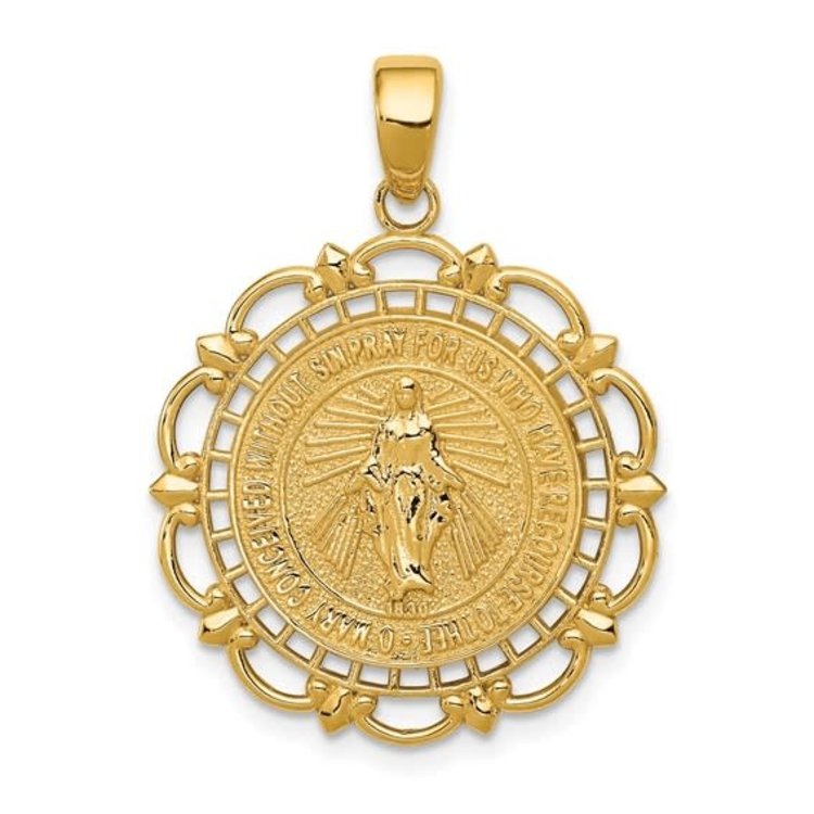 77184 14K YELLOW  GOLD 22MM ROUND FILIGREE MIRACULOUS MEDAL