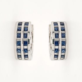 30898 14K WHITE GOLD PRINCESS CUT SAPPHIRE BAGUETTE DIAMOND 2 ROW CHANNEL SET HUGGIES