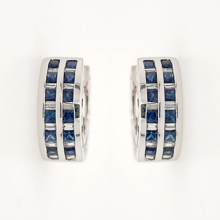 30898 14K WHITE GOLD PRINCESS CUT SAPPHIRE BAGUETTE DIAMOND 2 ROW CHANNEL SET HUGGIES
