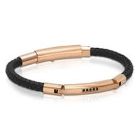 ITALGEM STAINLESS STEEL ROSE GOLD PLATED BARS WITH BLACK CUBIC ZIRCONIA BRAIDED BLACK LEATHER MENS BRACELET