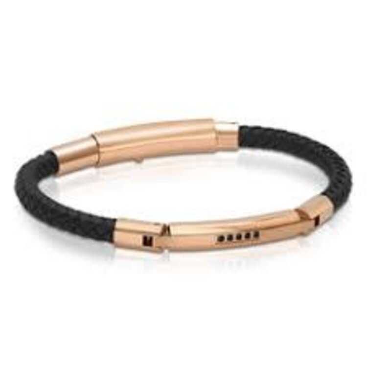 ITALGEM STAINLESS STEEL ROSE GOLD PLATED BARS WITH BLACK CUBIC ZIRCONIA BRAIDED BLACK LEATHER MENS BRACELET