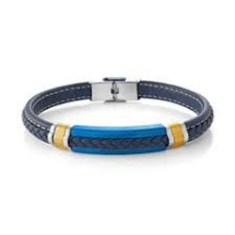 SLB553  STAINLESS STEEL  BLUE GOLD IP  BRAIDED BLUE LEATHER BRACELET
