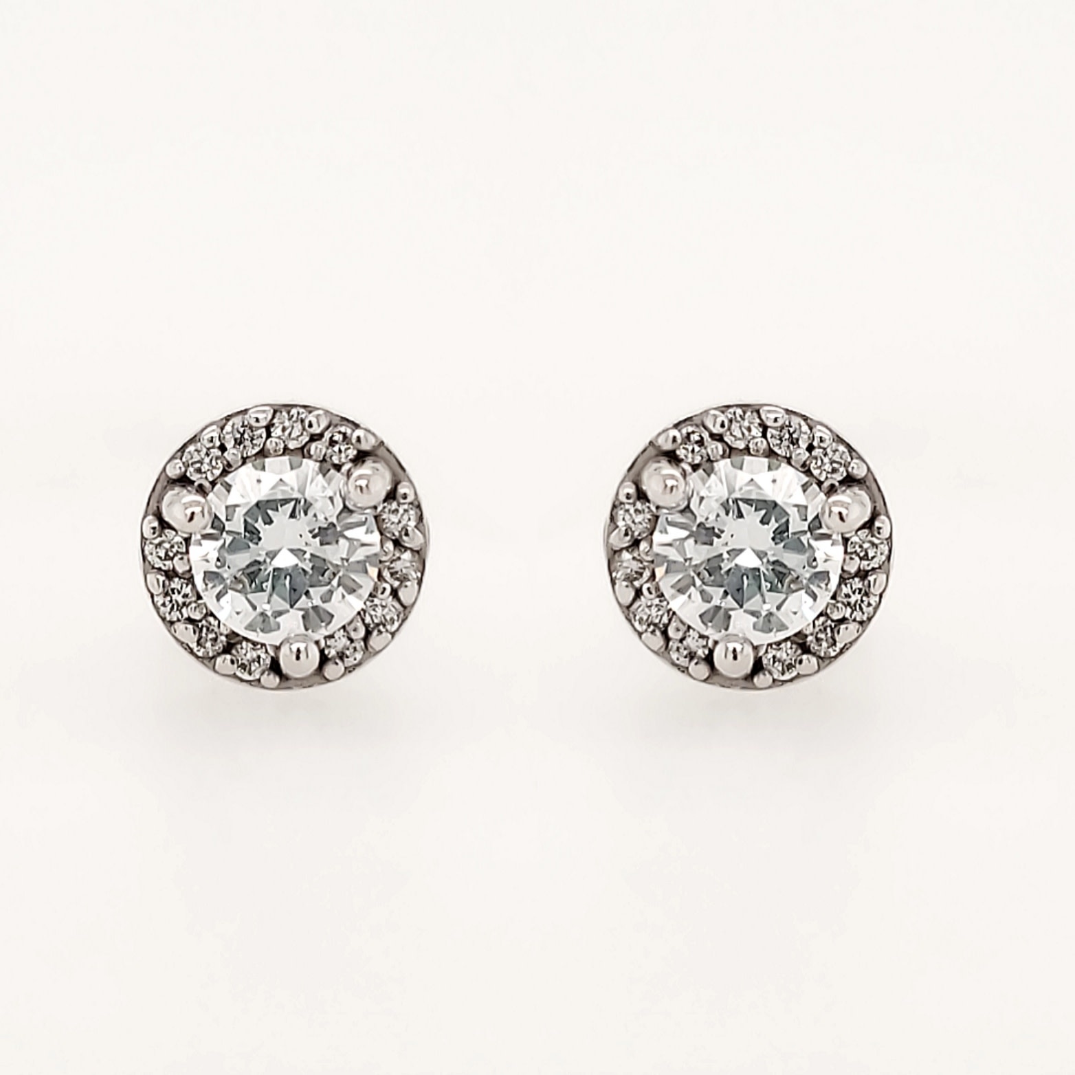 30914 14K WHITE GOLD .43CTW I COLOR DIAMOND STUDS HALO MARTINI SETTING PUSH BAKCS