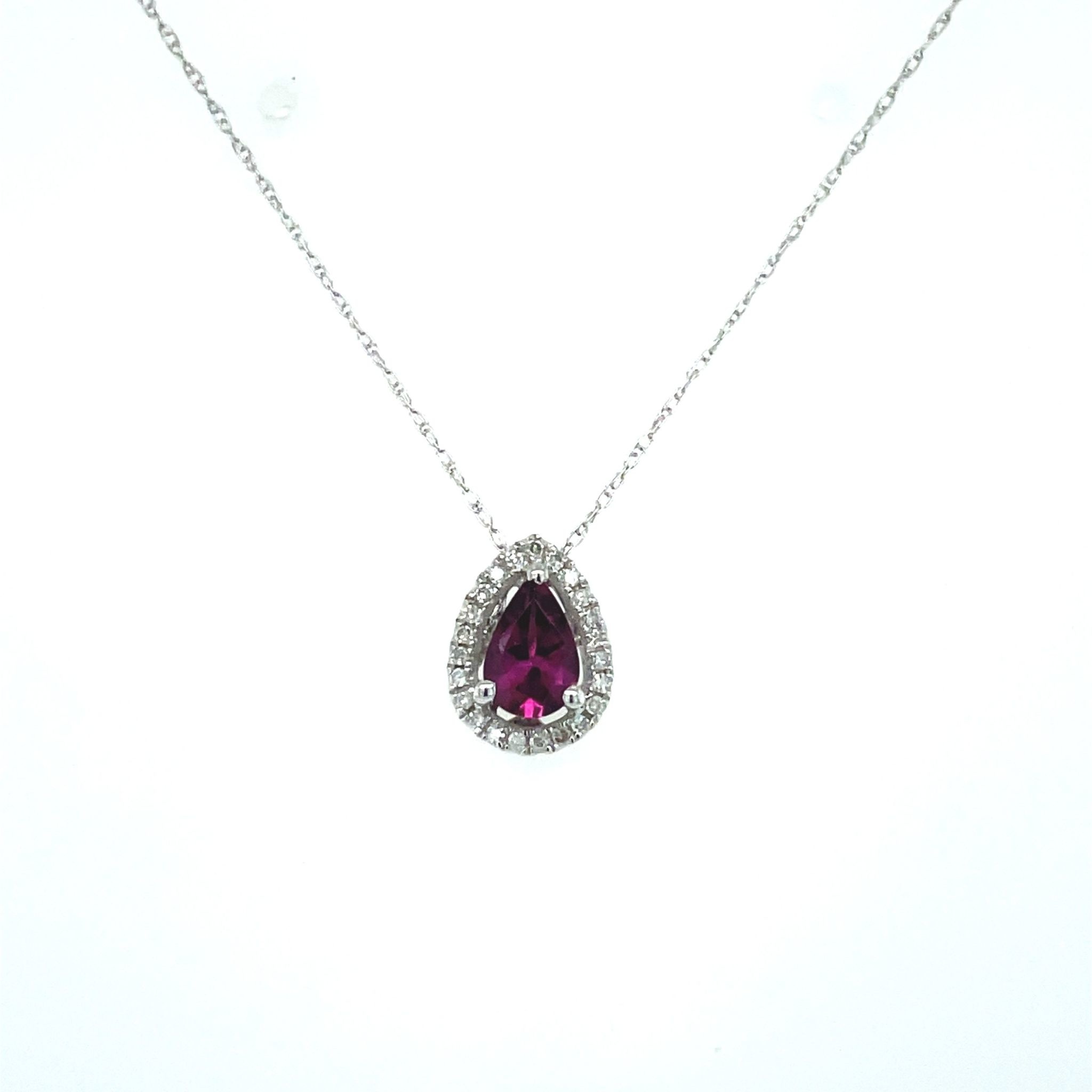 70187 14K WHITE GOLD 0.07TCW DIAMOND HALO WITH PEAR SHAPE RHODOLITE GARNET PENDANT SET