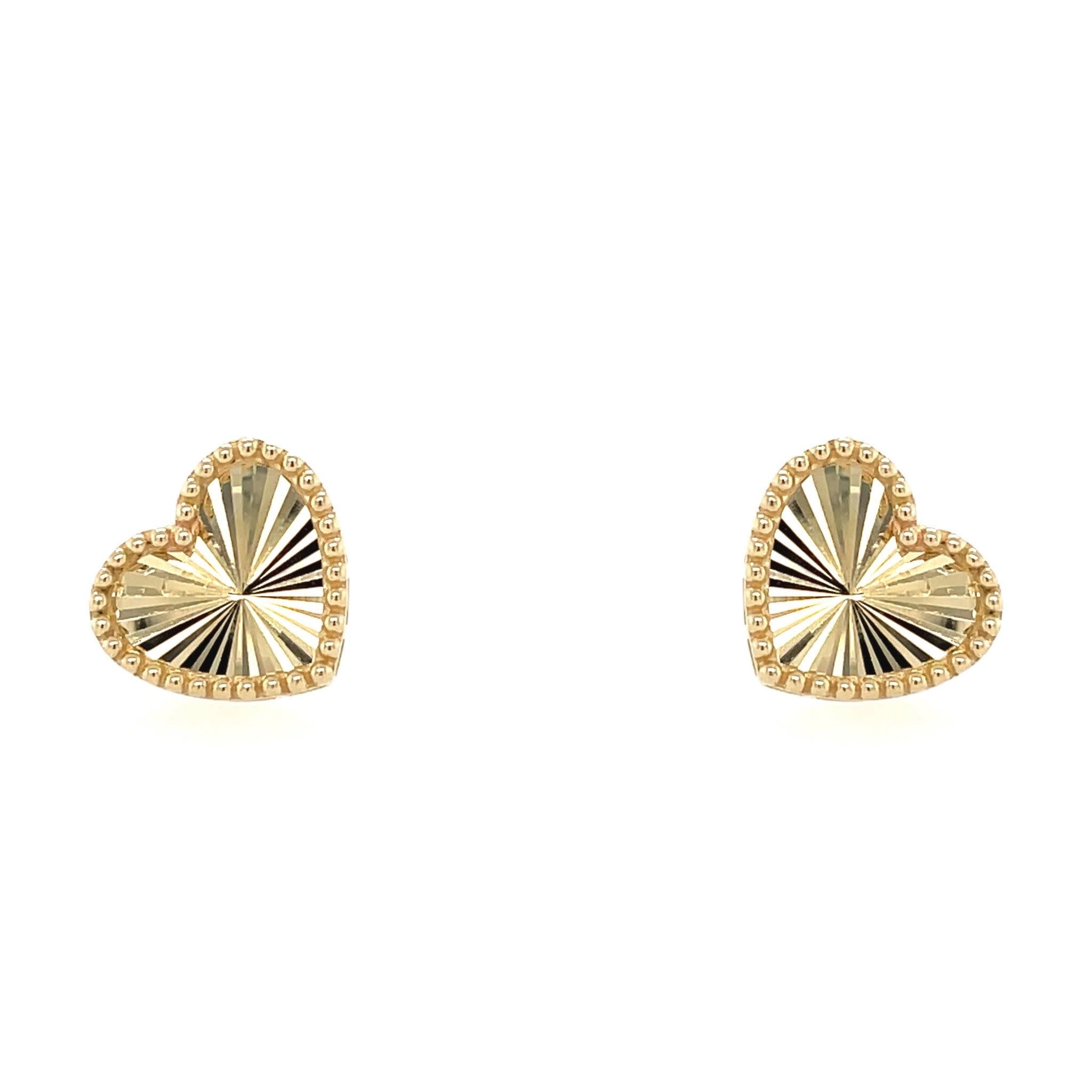 30916 14K YELLOW GOLD HEART DIAMOND CUT BEADED EDGES EARRINGS