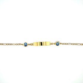 20172 14K YELLOW GOLD EVIL EYE ENAMEL CHARMS WITH NAME ID FIGARO LINK BABY BRACELET