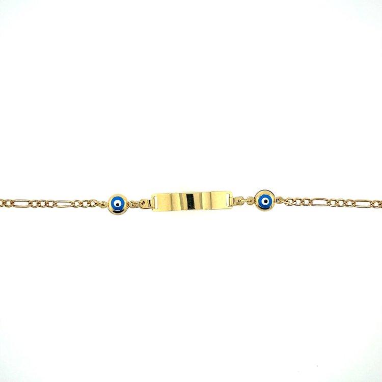 20172 14K YELLOW GOLD EVIL EYE ENAMEL CHARMS WITH NAME ID FIGARO LINK BABY BRACELET