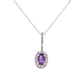 70190 14K WHITE GOLD 0.10TCW DIAMOND HALO AND BAIL WITH OVAL AMETHYST CENTER PENDANT SET