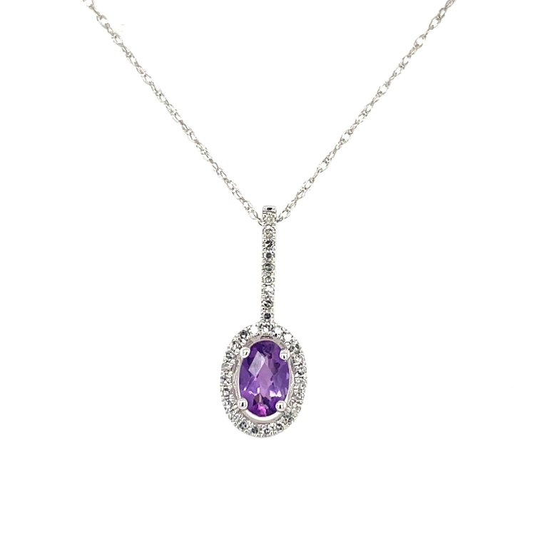 70190 14K WHITE GOLD 0.10TCW DIAMOND HALO AND BAIL WITH OVAL AMETHYST CENTER PENDANT SET