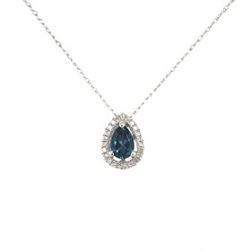 70184 14K WHITE GOLD 0.07TCW DIAMOND HALO WITH PEAR SHAPE LONDON BLUE TOPAZ PENDANT SET