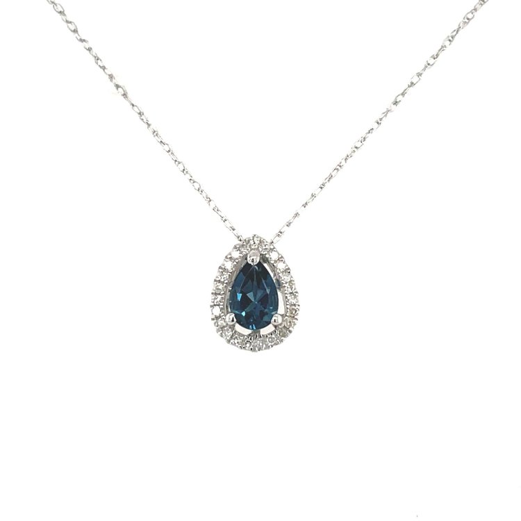 70184 14K WHITE GOLD 0.07TCW DIAMOND HALO WITH PEAR SHAPE LONDON BLUE TOPAZ PENDANT SET